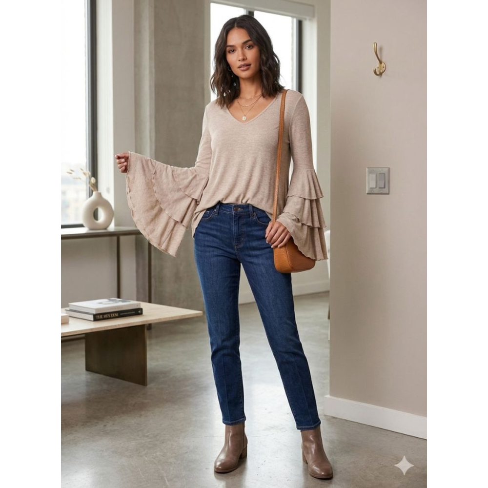 Women's Elan Beige Long Sleeve Ruffle Tee - Size M